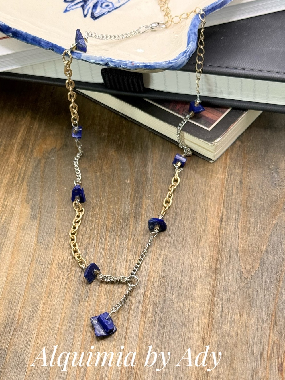 LARIAT Two-Tone Chain SHORT Necklace with Lapis Blue Stone Chips